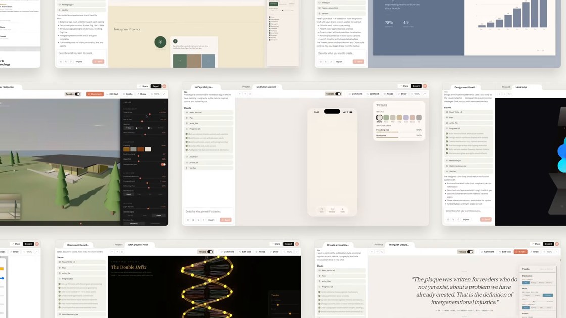 Claude Design output: app screens, landing pages, decks and more