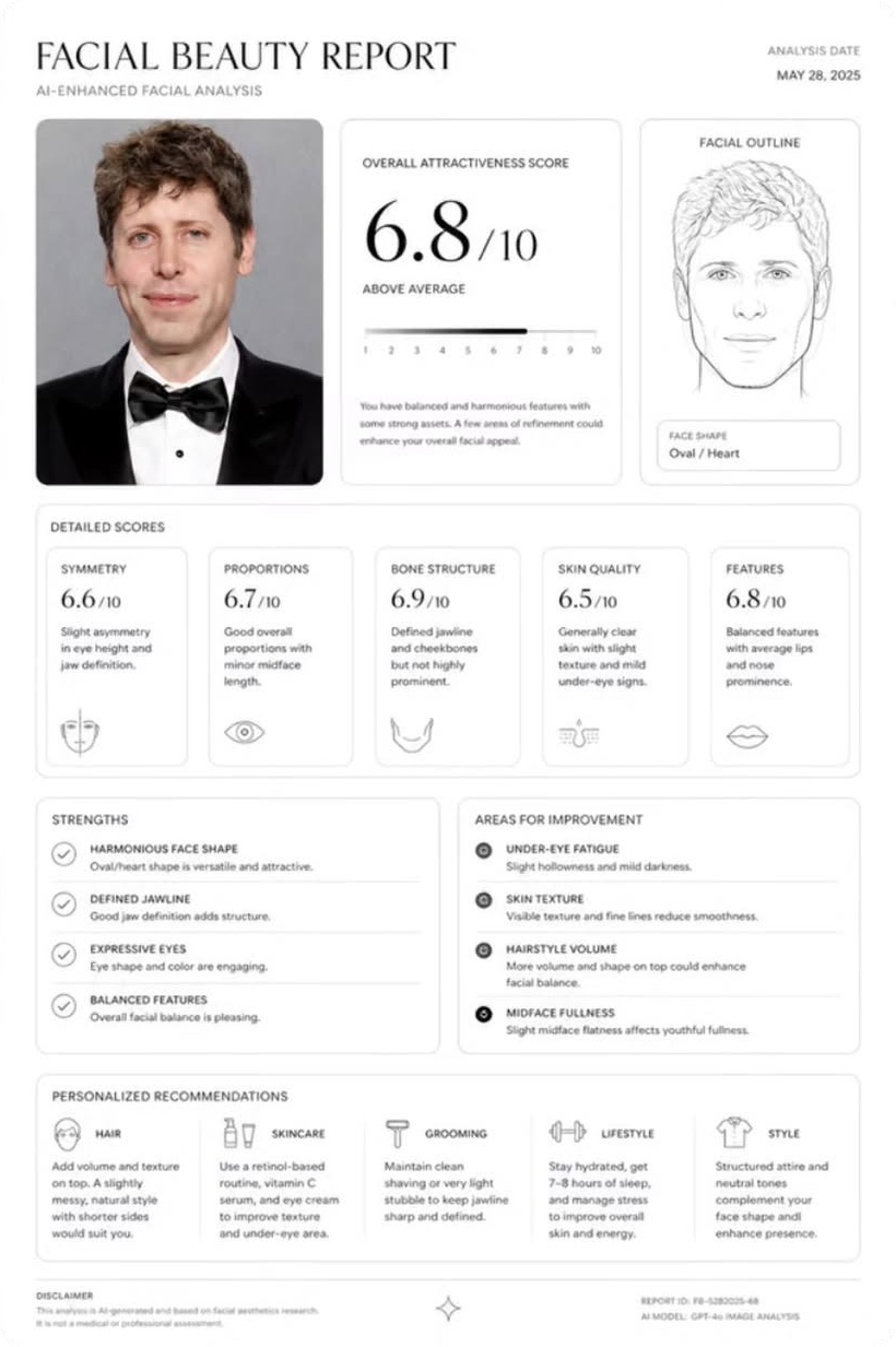 ChatGPT facial aesthetics report example, overall score 6.8 out of 10 with category scores and recommendations