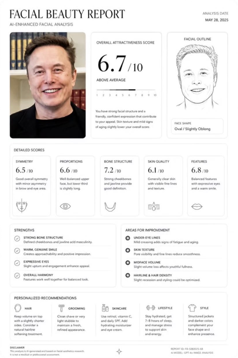 ChatGPT facial aesthetics report example, overall score 6.7 out of 10 with category scores and recommendations