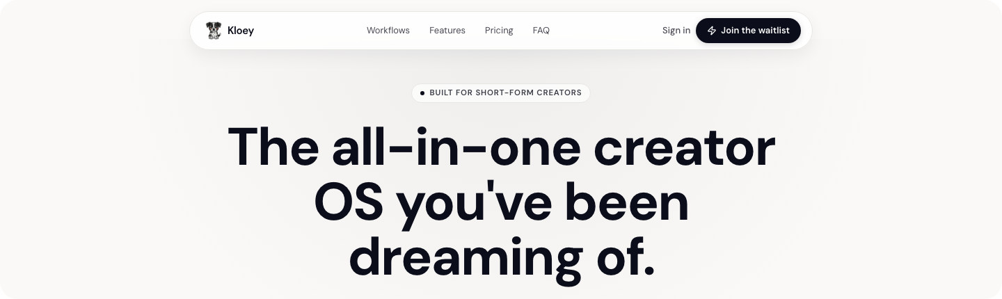 Kloey AI landing page, the all-in-one creator OS for short-form creators