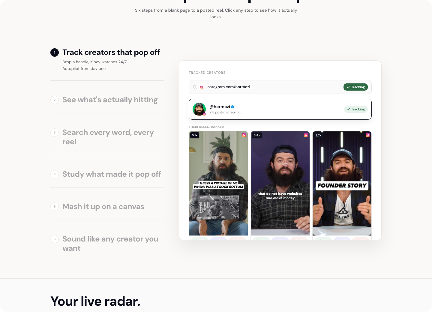 Kloey AI: track and spot what is working in a creator's posts, then turn it into a script