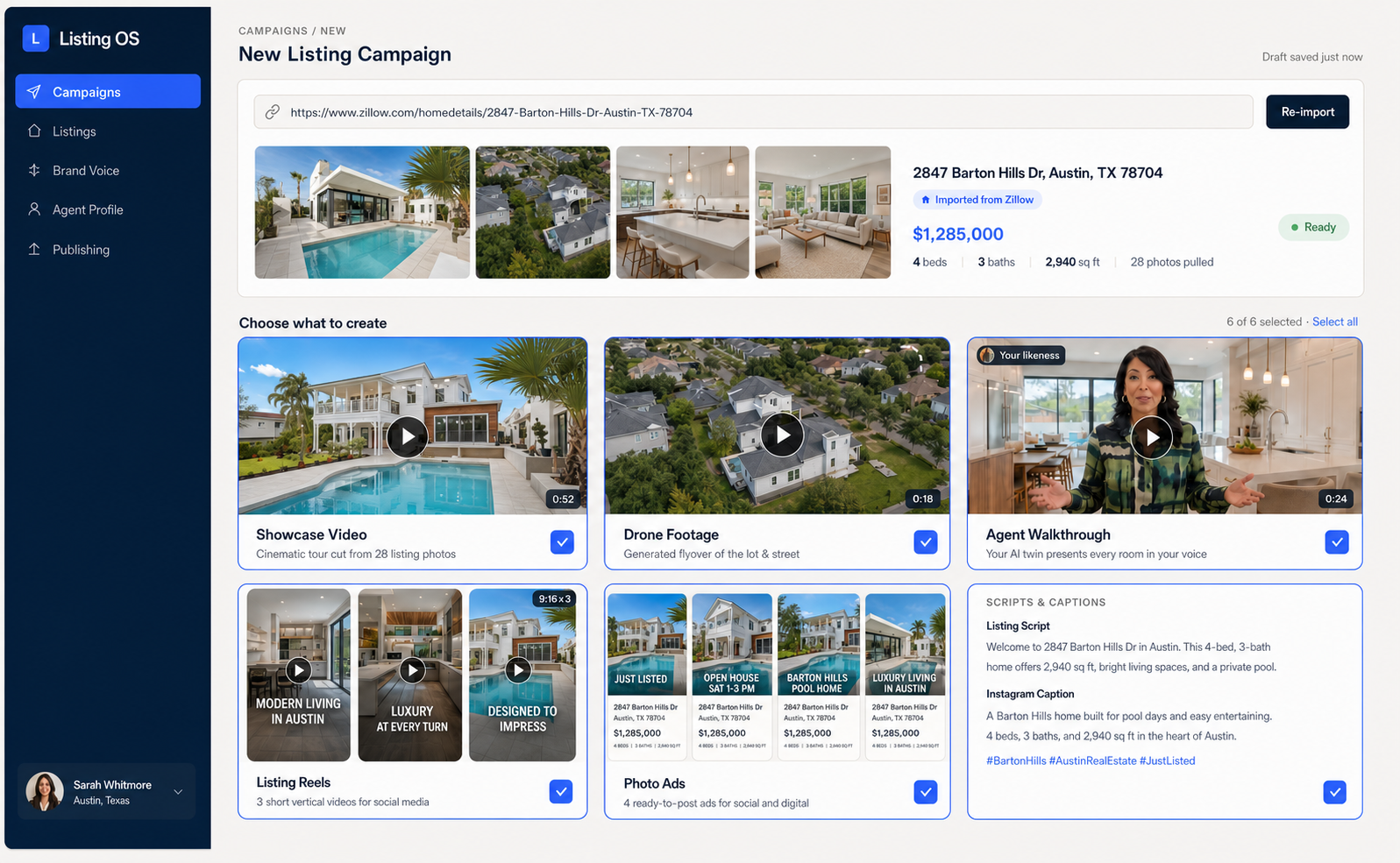 Listing OS dashboard showing a Zillow listing and six marketing outputs: showcase video, drone footage, agent walkthrough, listing reels, photo ads, scripts and captions