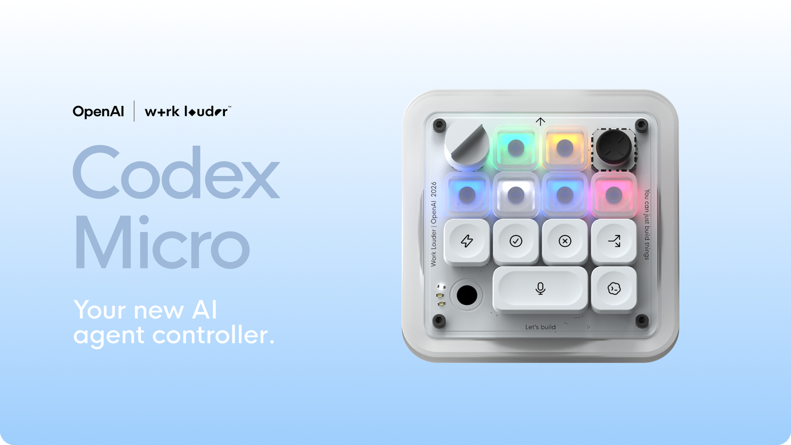 The OpenAI x Work Louder Codex Micro, a small white keypad with light-up keys